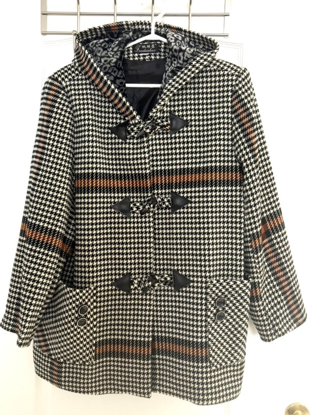 Black & White Houndstooth Hooded Duffle Coat Size 2X